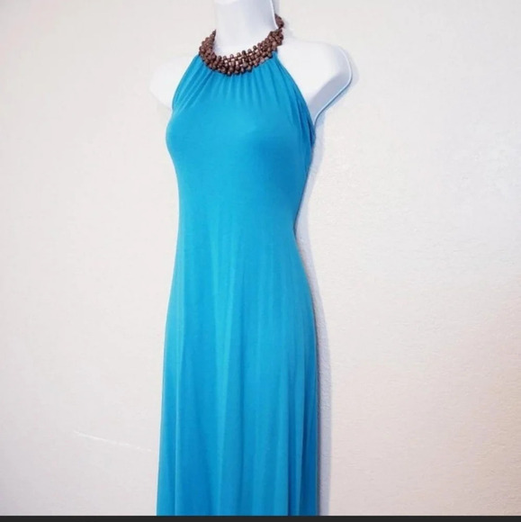 💚5/$25 L8TER  Blue Wood Beaded Halter Neck Long Maxi Slip Dress Medium - Picture 4 of 7